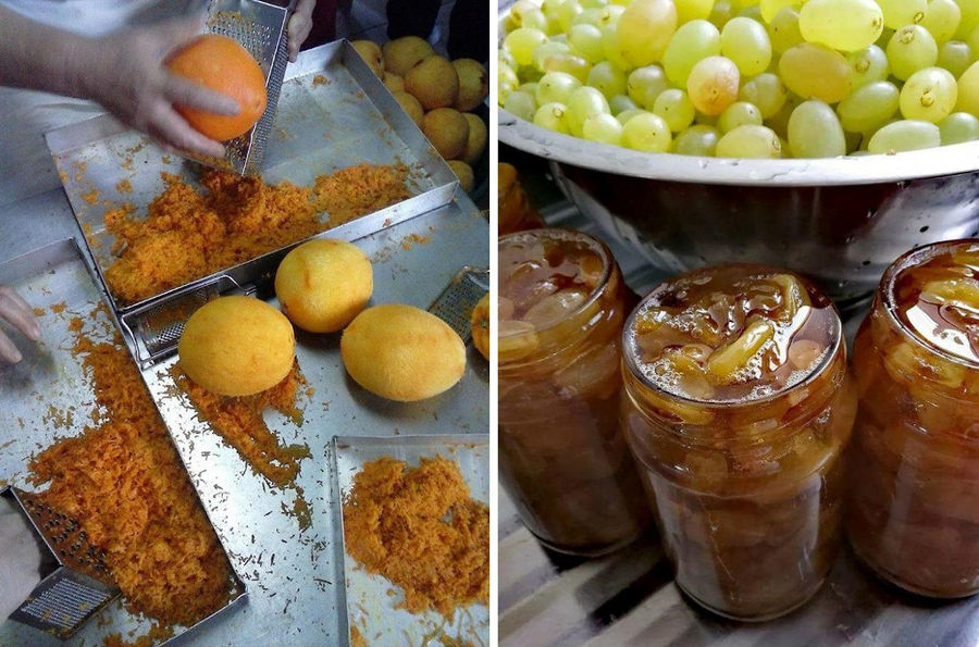 woman grating lemons and a view of jars with grapes marmalade at 'Agios Antonios Women’s Agri Cooperative'